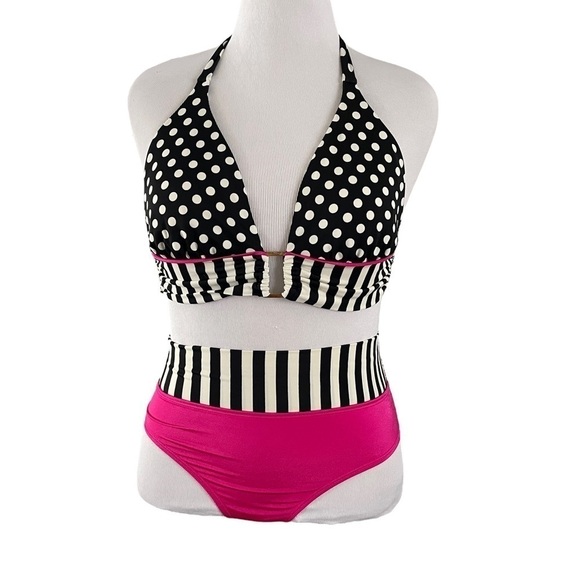 SANDORATTO Striped Polka Dot Bikini Swimsuit Swimwear Monte Carlo Buckle Front L - Picture 3 of 9